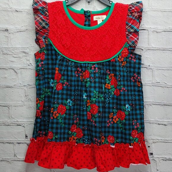 MATILDA JANE 'BOUGHS OF HOLLY' TUNIC BUTTON BACK PLAID RUFFLE LACE TOP - Picture 3 of 16